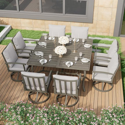 HAPPATIO Patio Dining Set, Aluminum Outdoor Dining Set for 8, 59" Large Square Dining Table with Umbrella Hole and 8 Swivel Chairs, Outdoor Table and Chairs for Lawn Yard Patio