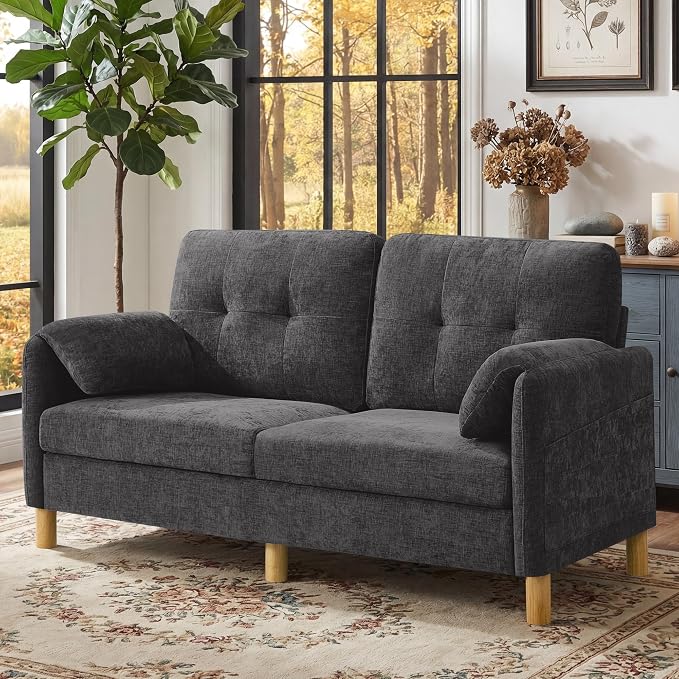 65" Loveseat Sofa, Mid Century Loveseat Couch for Living Room with Storage Pockets, Upholstered Small Loveseat for Small Spaces, Bedroom, Home Office, Apartments, Small Sofa Chenille Dark Grey