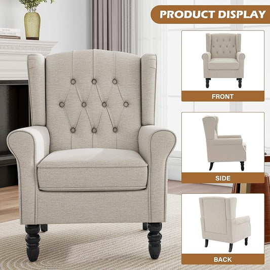 Mid-Century Modern Wingback Accent Chair – Ergonomic High Back Lounge Chair with Plush Fabric, Solid Oak Legs, Retro Reading Armchair for Living Room, Bedroom, Home Office, Grayish Beige