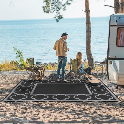 GENIMO 6' x 9' Outdoor Rug Waterproof for Patio Decor, Foldable Reversible Plastic Straw Area Rugs Mat for Camper, Outside Carpet for Rv, Deck, Porch, Picnic, Beach, Balcony, Black & Grey