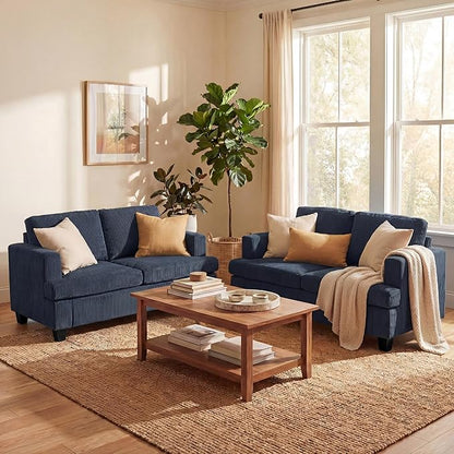 YOUDENOVA 2 Piece Set Comfy Sofa Couch, Loveseat Sofa * 2 with Deep Seats, Modern Sleeper Couch for Living Room, Blue Corduroy
