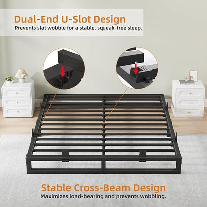 King Size Bed Frame, 6 Inch Metal Platform Bed Frames with Squeak Free U-Slot Design, 6 Non-Slip Guards, 3500lbs Heavy Duty Steel Slat Support, No Box Spring Needed, Under Bed Storage, Black