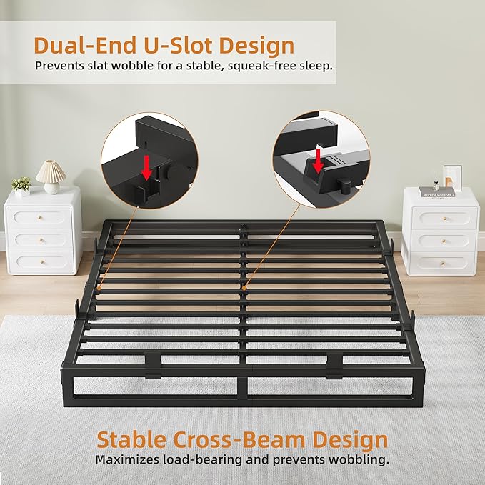 Queen Bed Frame, 6 Inch Metal Platform Bed Frames with Squeak Free U-Slot Design, 6 Non-Slip Guards, 3500lbs Heavy Duty Steel Slat Support, No Box Spring Needed, Under Bed Storage, Black