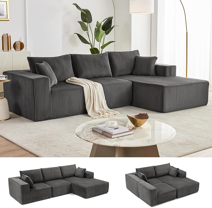 Weture 108” Modular Sectional Sofa, Cloud Sectional Couch with Deep Seat, Modern Modular L-Shape Sofa with Chaise,Upholstered Boneless Couches for Living Room Bedroom (Corduroy, Darkgrey)