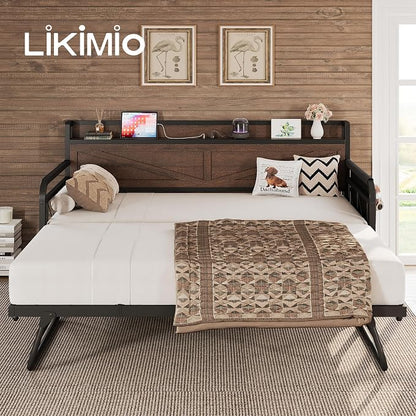 LIKIMIO Twin Daybed, Day Beds with Pop Up Trundle, Storage Headboard with Charging Station, Strong Supports for Apartment and Other Small Space, Dark Brown