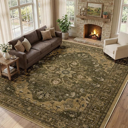 RELEANY Area Rugs Large 10'x12' Washable Non-Slip, Floral Vintage Distress Medallion Carpet for Living Room Bedroom Dining Room, Brown Dark Brown