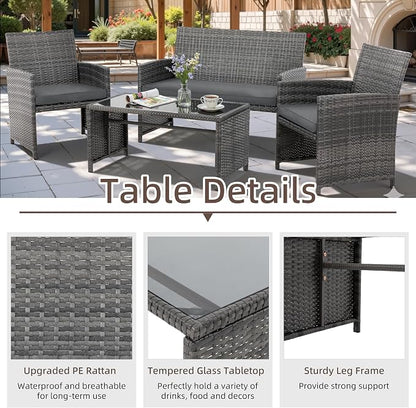 4 Piece Patio Ratten Set Outdoor Furniture Set Wicker Conversation Set with Cushions and Tempered Glass Tabletop,Grey