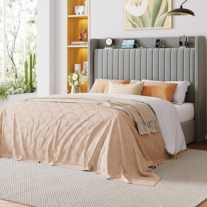 Allewie Full Size Lift Up Storage Bed Frame,Storage Shelf Headboard with Charging Station,Type-C and USB Ports,Hydraulic Support,Velvet Upholstered Bed Frame,No Box Spring Needed,Grey