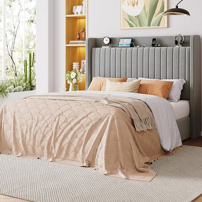 Allewie Full Size Lift Up Storage Bed Frame,Storage Shelf Headboard with Charging Station,Type-C and USB Ports,Hydraulic Support,Velvet Upholstered Bed Frame,No Box Spring Needed,Grey