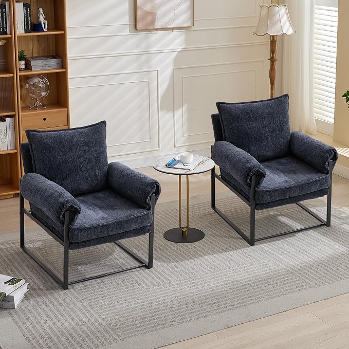 YISHENG Accent Chair with 6-Angle Adjustable Backrest, Fabric Living Room Chair Upholstered Lounge Chair, Modern Chair Cozy Reclining Chair for Reading Room, Set of 2 Dark Blue