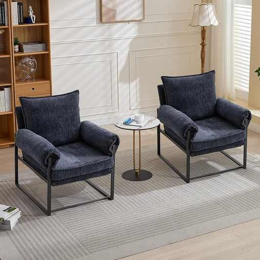 YISHENG Accent Chair with 6-Angle Adjustable Backrest, Fabric Living Room Chair Upholstered Lounge Chair, Modern Chair Cozy Reclining Chair for Reading Room, Set of 2 Dark Blue