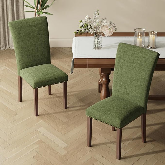 MALOL Dining Chairs Set of 2, High Back Dining Chair with Wood Legs and Nailhead Trim, Modern Padded Kitchen Room Chairs for Dining Room/Restaurant, Green