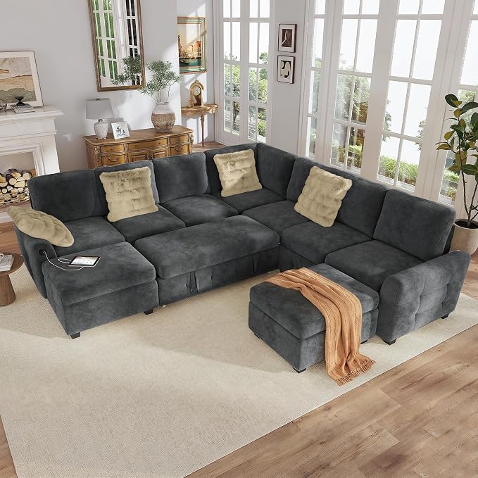 Hanherry 106" Sectional Sofa with Pull Out Couch Bed,7 Seat Chenille Sleeper Sofa with 2 Seat Storage & USB Charging,Storage Ottoman,Comfy Modular Couches for Living Room,Apartment