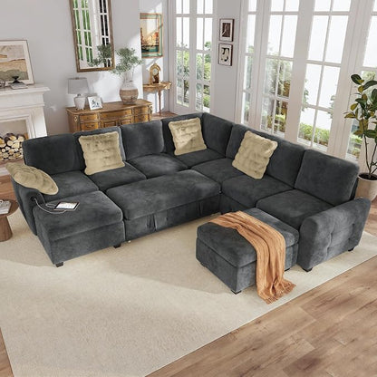 Hanherry 106" Sectional Sofa with Pull Out Couch Bed,7 Seat Chenille Sleeper Sofa with 2 Seat Storage & USB Charging,Storage Ottoman,Comfy Modular Couches for Living Room,Apartment