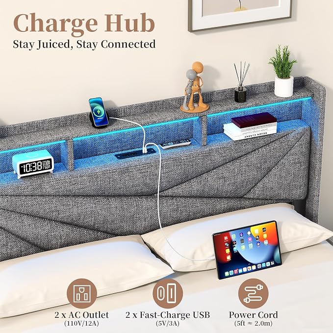 Full Size Bed Frame with Storage Headboard, Upholstered Full Bed Frame with LED Lights, USB Charging Station & 2 Storage Drawers, No Box Spring Needed, Light Grey
