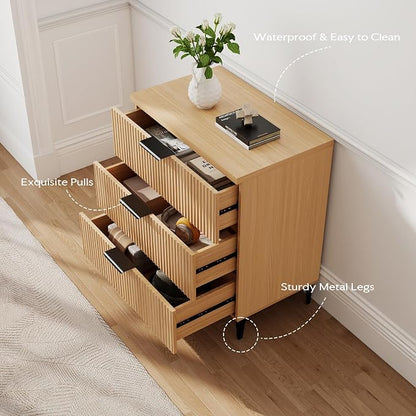 25.6" W Fluted Nightstand with 3 Drawer Dresser, Modern Wood Night Stands Bedside Table for Bedroom King/Queen Bed, End Table with Robot-Friendly Legs for Living Room,Entry (3 Drawers-1pcs-Natural)