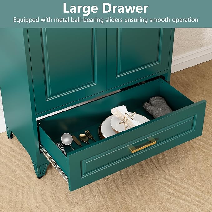 Polup Metal Storage Cabinet,75" Tall Kitchen Pantry Storage Cabinet with Doors and Adjustable Shelves, Green Metal Pantry Cabinets with Drawer, Large Cupboard for Kitchen, Dining Living Room
