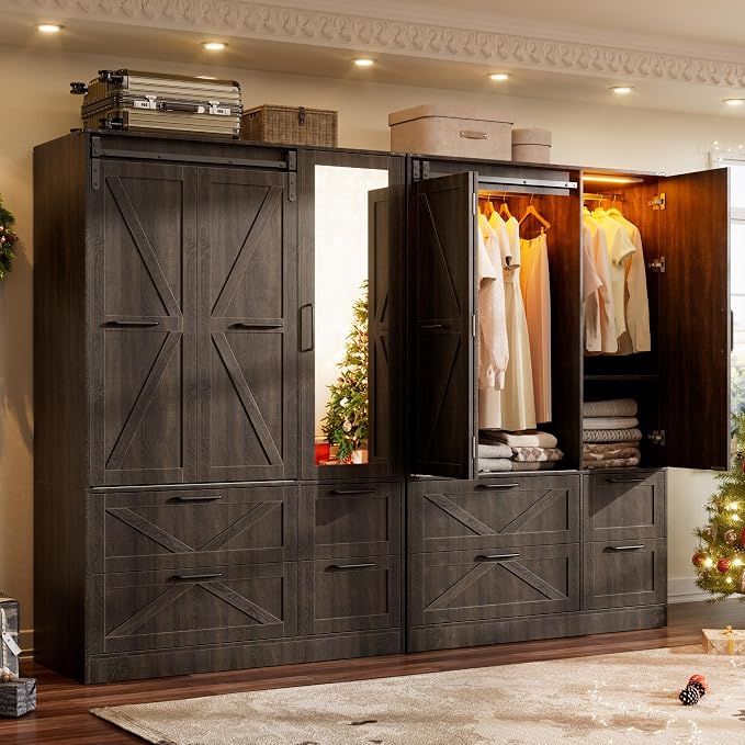 PAKASEPT Armoire Wardrobe Closet with w/Folding Sliding Barn Door | Bedroom Armoires with Mirror and LED Lights, Hanging Rod, Wardrobe Closet for Bedroom (6 Doors)