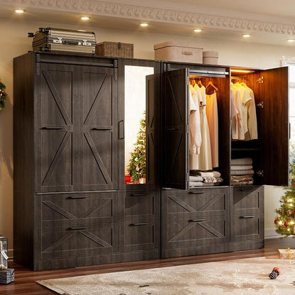PAKASEPT Armoire Wardrobe Closet with w/Folding Sliding Barn Door | Bedroom Armoires with Mirror and LED Lights, Hanging Rod, Wardrobe Closet for Bedroom (6 Doors)