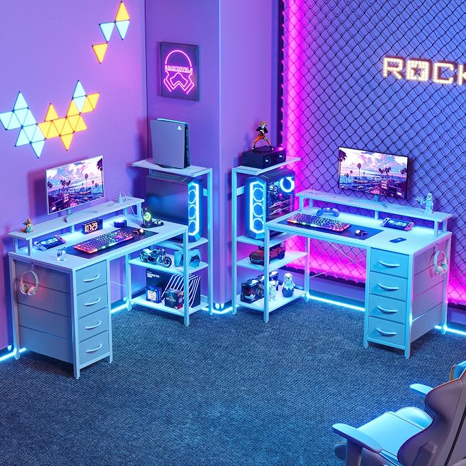 51 Inch Gaming Desk with LED Lights and Power Outlets, Computer Desk with Storage Shelves, Fabric Drawers, Monitor Stand & Side Hook, Reversible Gamer Table for Home Office, Carbon Fiber White