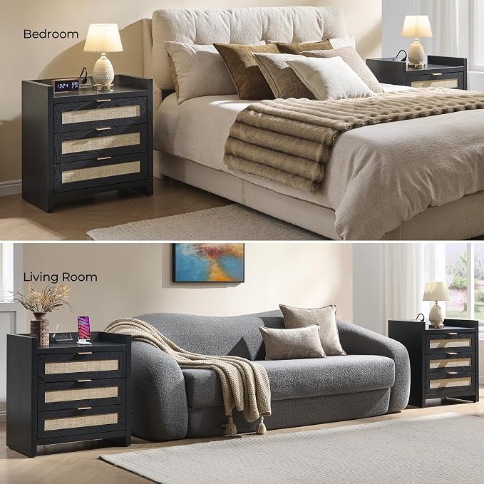 SICOTAS Rattan Nightstand Bedside Table - Larger Night Stand with Type-C Charging Station, 3 Drawers Storage - Boho Night Stands End Table for Bedroom - Black Oak