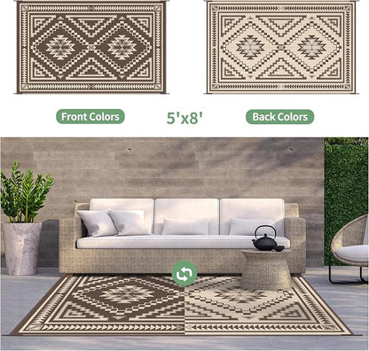 GENIMO Outdoor Rug for Patio Clearance - 5x8 ft Waterproof Plastic Camping Rugs, Reversible Outside Rv Mat Carpet for Porch, Deck, Picnic, Balcony, Beach, Backyard, Coffee Beige