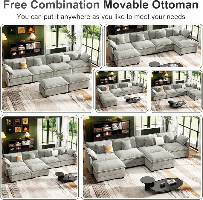 146" Cloud Couch Sectional, U Shaped Modular Sectional Sofa, 4-Seat Deep Seat Couch with 6 Removable Washable Pillows and 2 Ottoman for Living Room, Bedroom, Apartment, Light Grey