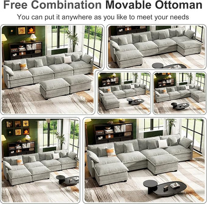 146" Cloud Couch Sectional, U Shaped Modular Sectional Sofa, 4-Seat Deep Seat Couch with 6 Removable Washable Pillows and 2 Ottoman for Living Room, Bedroom, Apartment, Light Grey