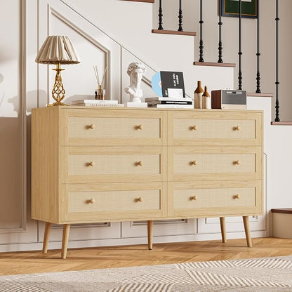 Rattan 6 Drawer Dresser for Bedroom, 47.3" Wide Dresser Chest of Drawers, Boho Wood Dresser TV Stand with Wood Handles, Storage Dressers Closet Organizer for Living Room Hallway, Natural Oak