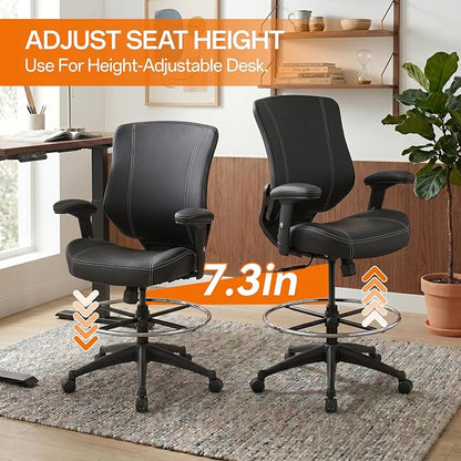 BOLISS 400lbs Mid Back Premium Leather Ergonomic Drafting Chair Office for Adjustable Desk Wide Chair Built-in Lumbar Support Adjustable Foot Ring Height Adjustable Armrest (Black Leather)