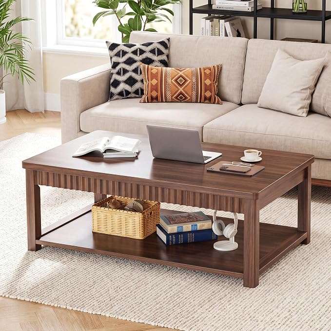 Homkdom Modern Coffee Table, 2-Tier Storage Shelf, Walnut | Wave-Edge, Kids Friendly Rounded Corners