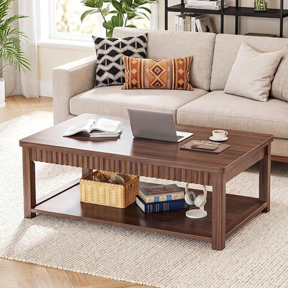 Homkdom Modern Coffee Table, 2-Tier Storage Shelf, Walnut | Wave-Edge, Kids Friendly Rounded Corners
