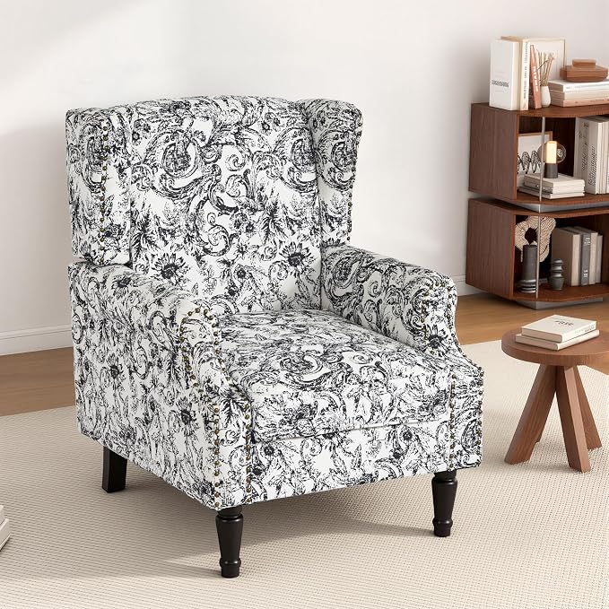 High Back Accent Chairs Set of 2, Fabric Upholstered Armchair Floral Wingback Chair for Living Room, Comfy Single Sofa Solid Wood Legs Bedroom Reading Seat - Rococo Black