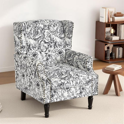 High Back Floral Accent Chair, Fabric Wingback Chair Upholstered Armchair for Living Room - Rococo Black