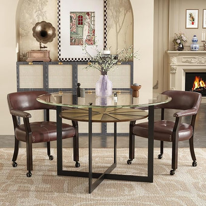 LEEMTORIG Set of 4 Large Dining Chairs with Casters and Arm, Rolling Dining Chairs with Wheels, Poker Table Chairs, Boss Caption's Chairs, 26"D x 25.2"W x 31.5"H Espresso Legs & Wine Red, XXY-1910-WR