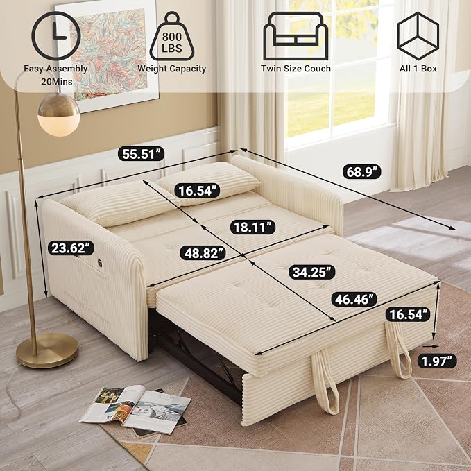 55.5" Corduroy Convertible Sofa Bed, Pull Out Sleeper Sofa Bed, Loveseat Couch with USB Charging Ports, 3 in 1 Convertible Sleeper Sofa Bed for Living Room, Apartment, Bedroom, RV, Beige