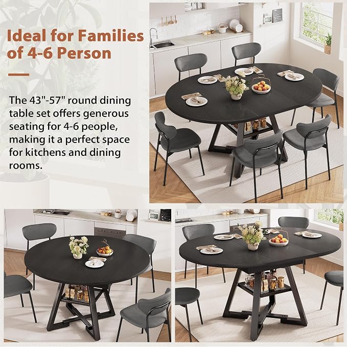 Expandable Kitchen Dining Table for 4-6, Oval Round Dining Table with Storage Shelf and Removable Extension Leaf, Space Saving Pedestal Table for Dining Room, Modern Industrial Style (Black)