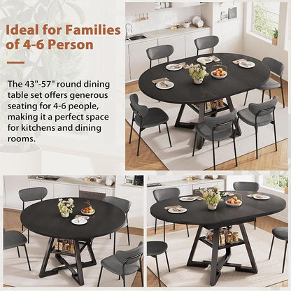 Expandable Kitchen Dining Table for 4-6, Oval Round Dining Table with Storage Shelf and Removable Extension Leaf, Space Saving Pedestal Table for Dining Room, Modern Industrial Style (Black)