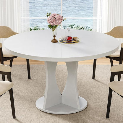 iPormis 47-Inch Round Dining Table for 4-6 People, Circle Dinner Table with Wooden Legs and A Stable Round Pedestal Base, Space Saving Wooden Kitchen and Dining Room Table, White (Table Only)