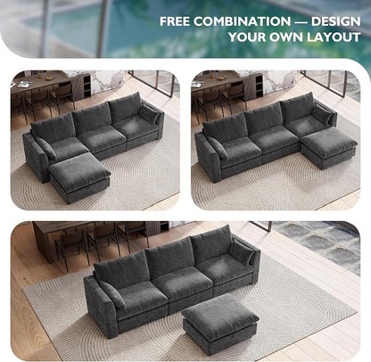 Ihanherry 117" Oversized Modular Sectional Sofa, Modern L Shaped Cloud Couch with Storage Ottoman, 4-Seat Comfy Chenille Deep Seat Sofa with 2 Pillows for Living Room, Grey