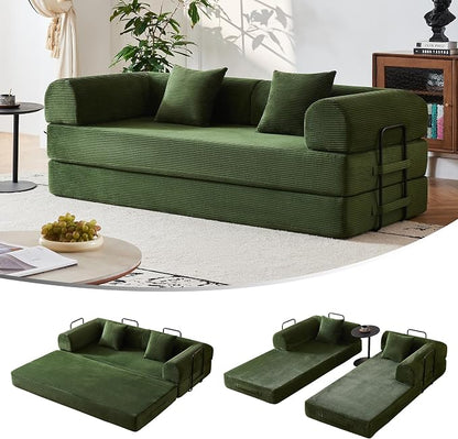 79" 5-in-1 Convertible Sofa Bed No Assembly, Boneless Couch Bed with High Density Foam, Foldable Sleeper Sofa, Corduroy Modular Couch for Apartment, Studio, Dorm Room, Small Space, Olive Green