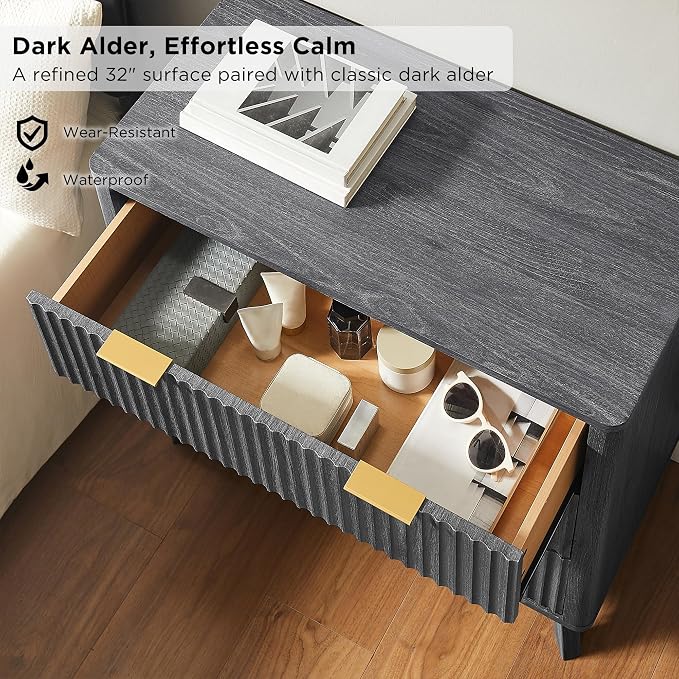 T4TREAM Fluted 3 Drawer Dresser, 32" Tall Modern Chest of Drawers, Curved Profile Design, Wood Drawer Organizer for Bedroom, Living Room, Hallway, Entryway, Dark Alder