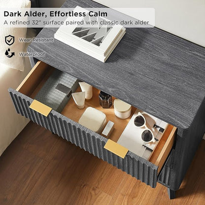 T4TREAM Fluted 3 Drawer Dresser, 32" Tall Modern Chest of Drawers, Curved Profile Design, Wood Drawer Organizer for Bedroom, Living Room, Hallway, Entryway, Dark Alder