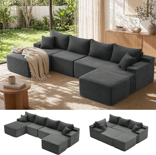 Mangodan 118'' Cloud Sectional Couch, U Shaped Boneless Couches for Living Room, Modular Sectional Sofa with Deep Seat Light Facing Chaise, Comfy Cloud Couch Sofa, Gray