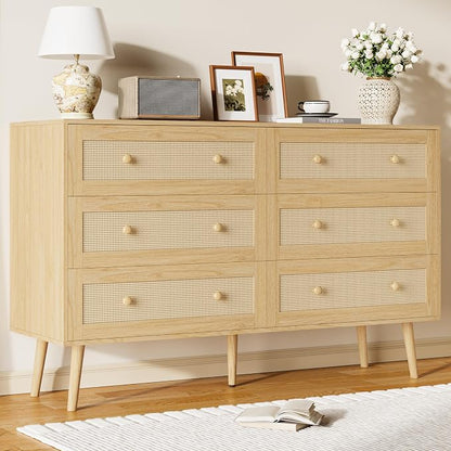 Rattan 6 Drawer Dresser for Bedroom, 47.3" Wide Dresser Chest of Drawers, Boho Wood Dresser TV Stand with Wood Handles, Storage Dressers Closet Organizer for Living Room Hallway, Natural Oak