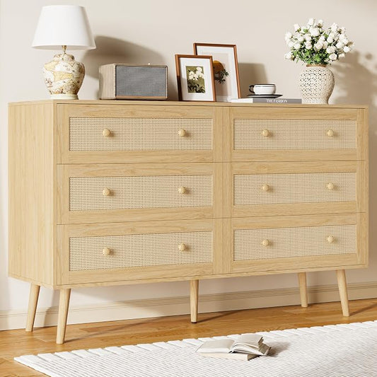 Rattan 6 Drawer Dresser for Bedroom, 47.3" Wide Dresser Chest of Drawers, Boho Wood Dresser TV Stand with Wood Handles, Storage Dressers Closet Organizer for Living Room Hallway, Natural Oak