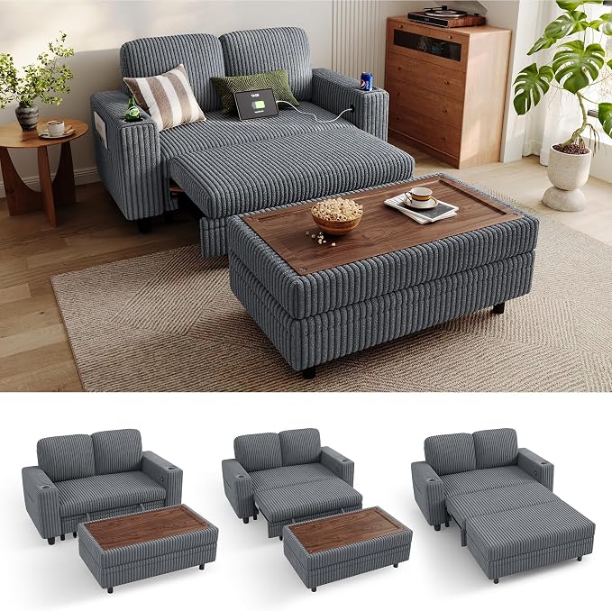 LINSY HOME Sectional Sleeper Sofa with Pull Out Couch Bed for Living Room (Grey) | Plush Corduroy