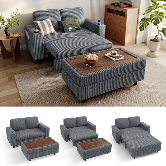 LINSY HOME Sectional Sleeper Sofa with Pull Out Couch Bed for Living Room (Grey) | Plush Corduroy