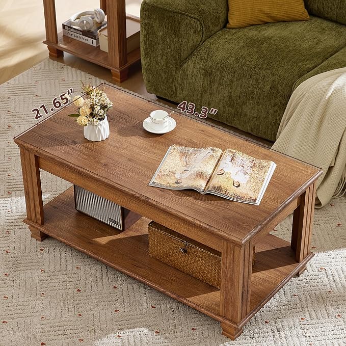 SAVOR LIFE Farmhouse Coffee Table Set of 3, Rustic Wood 3 Piece Coffee and End Table Sets with Open Shelf for Living Room, Brown