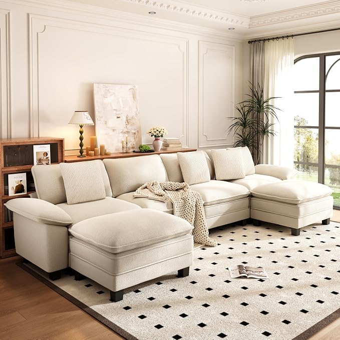 PHI VILLA Cloud Modular Couch Sets, 157.5" Oversized Sectional Sofa with U-Shaped Chaise, 6-Seater Couches with Movable Ottomans for Living Room, Chenille Beige